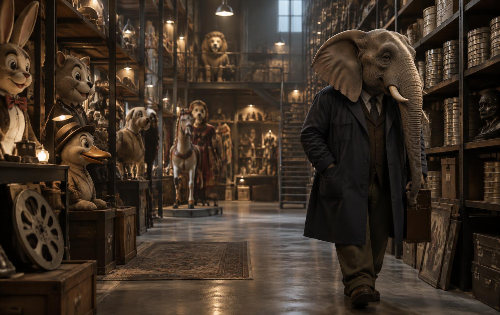 Archive the elephant walking through a collection of historic mascot assets