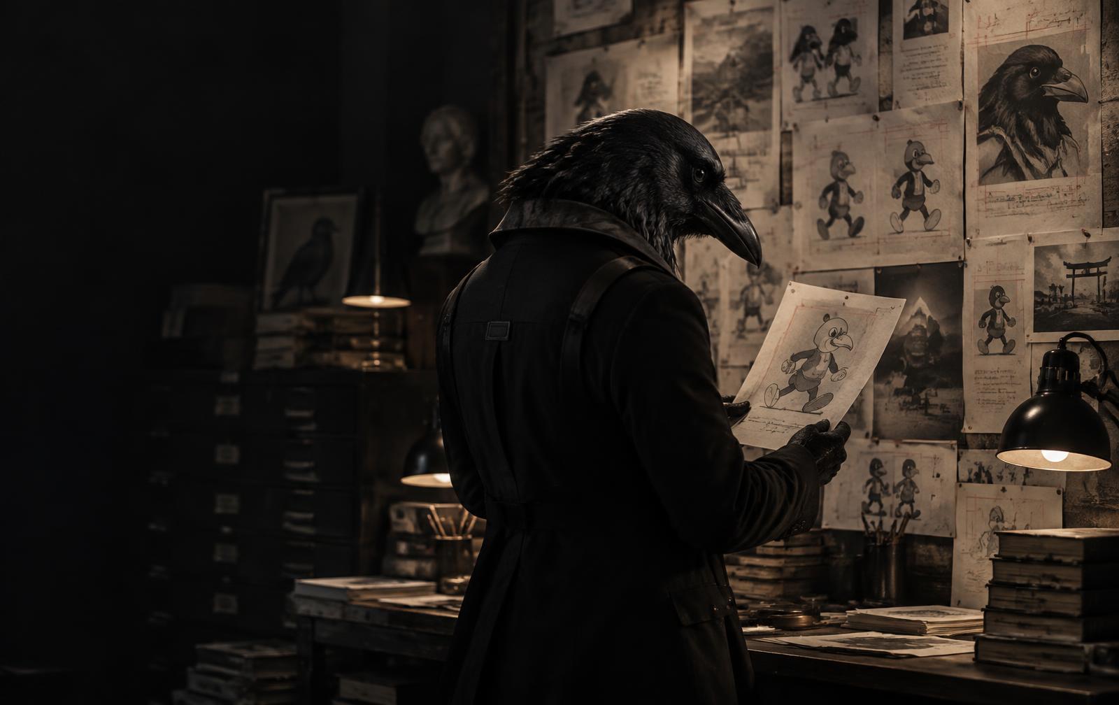 Index the raven studying historic mascot drawings