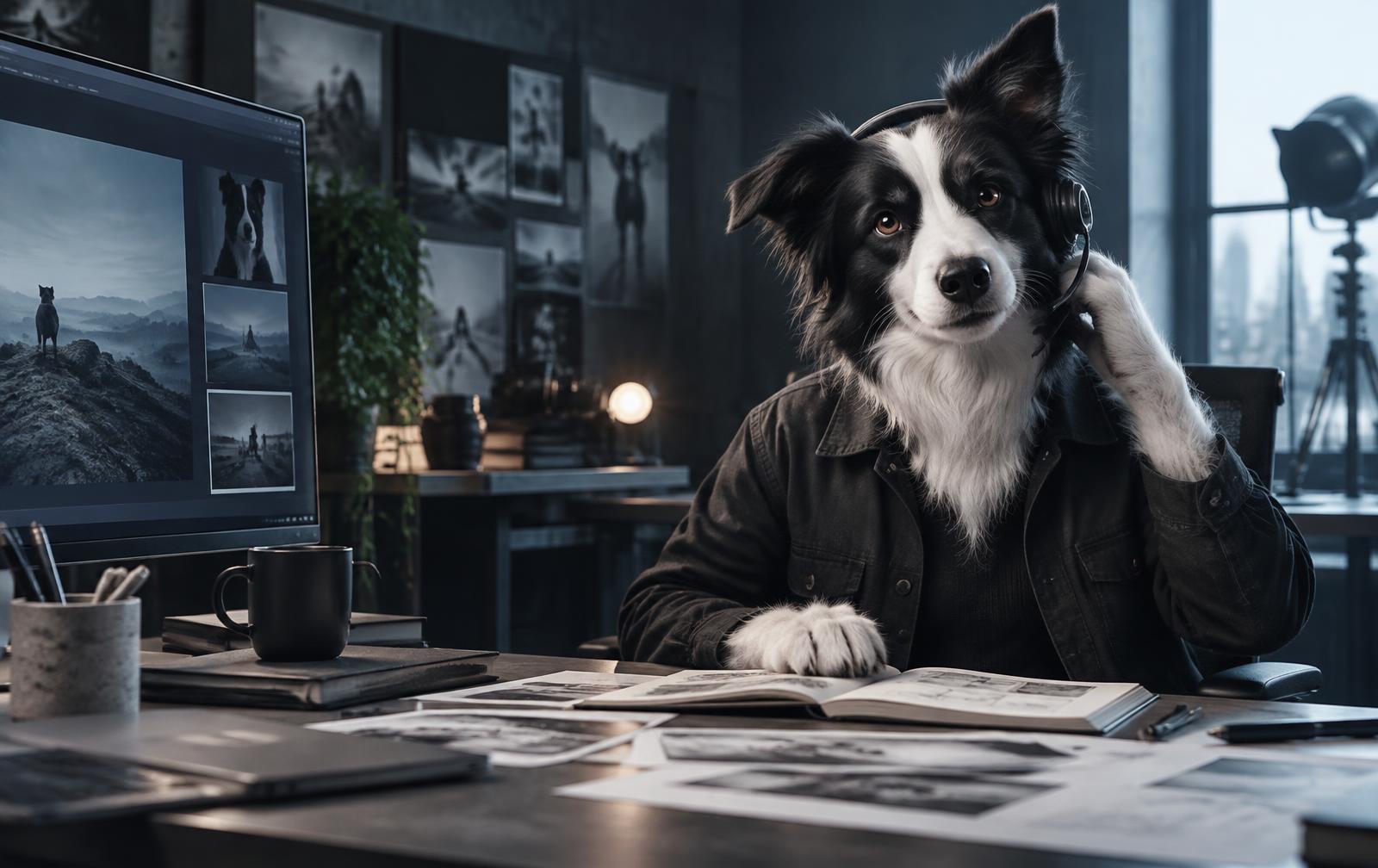 Relay the border collie receiving a creative brief in a production studio