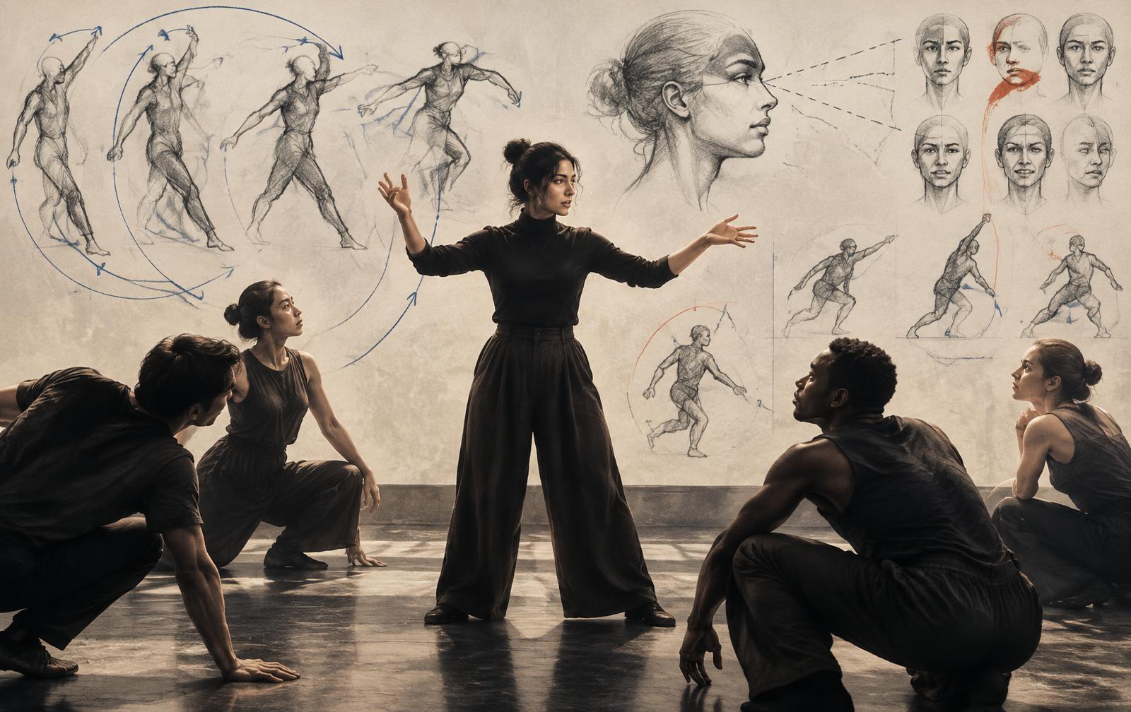 A performance director shaping gesture, eye line, and emotional timing
