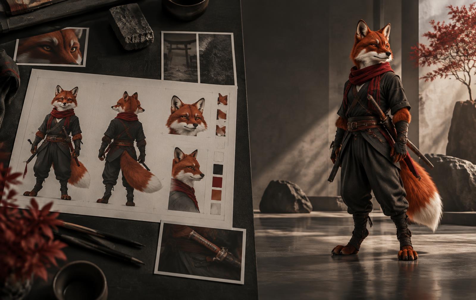 A fox mascot moving from a character reference sheet into a directed cinematic world