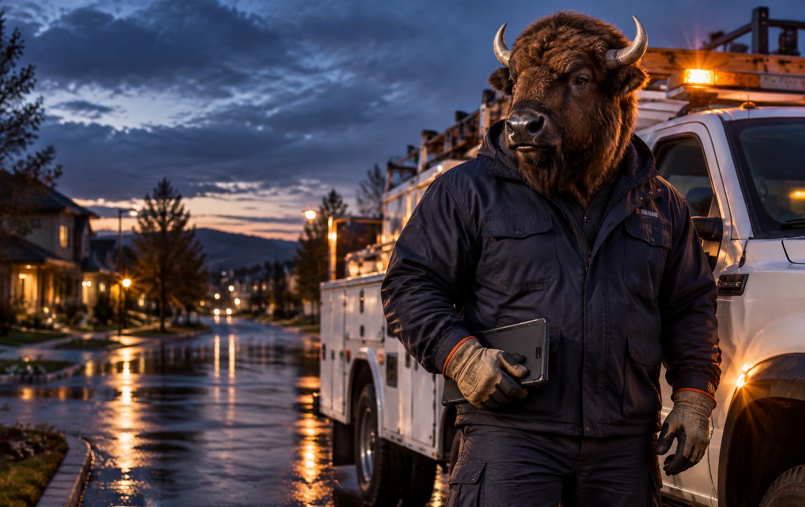 Mack the bison beside a service truck on a wet residential street