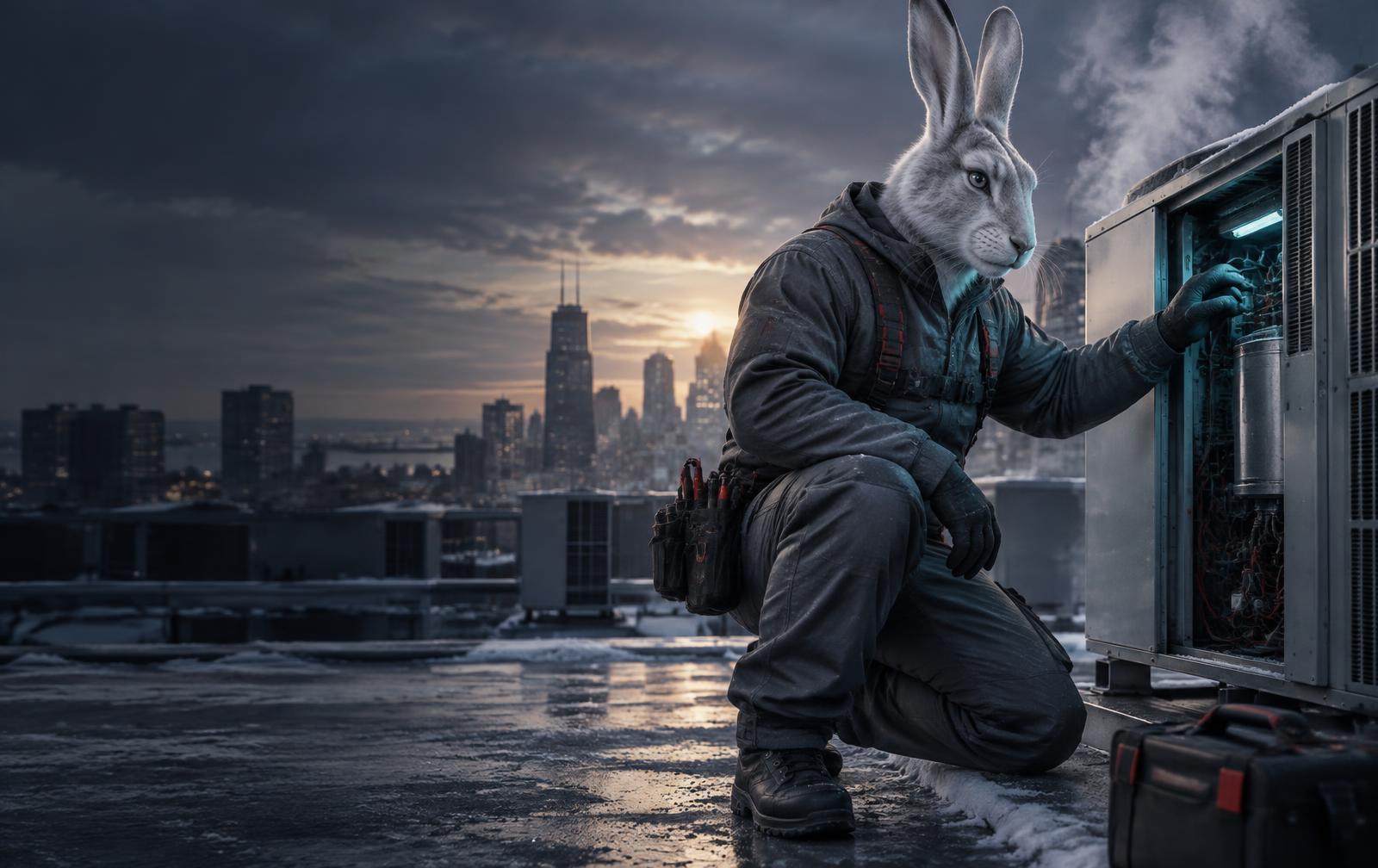 Frost the arctic hare inspecting rooftop air equipment
