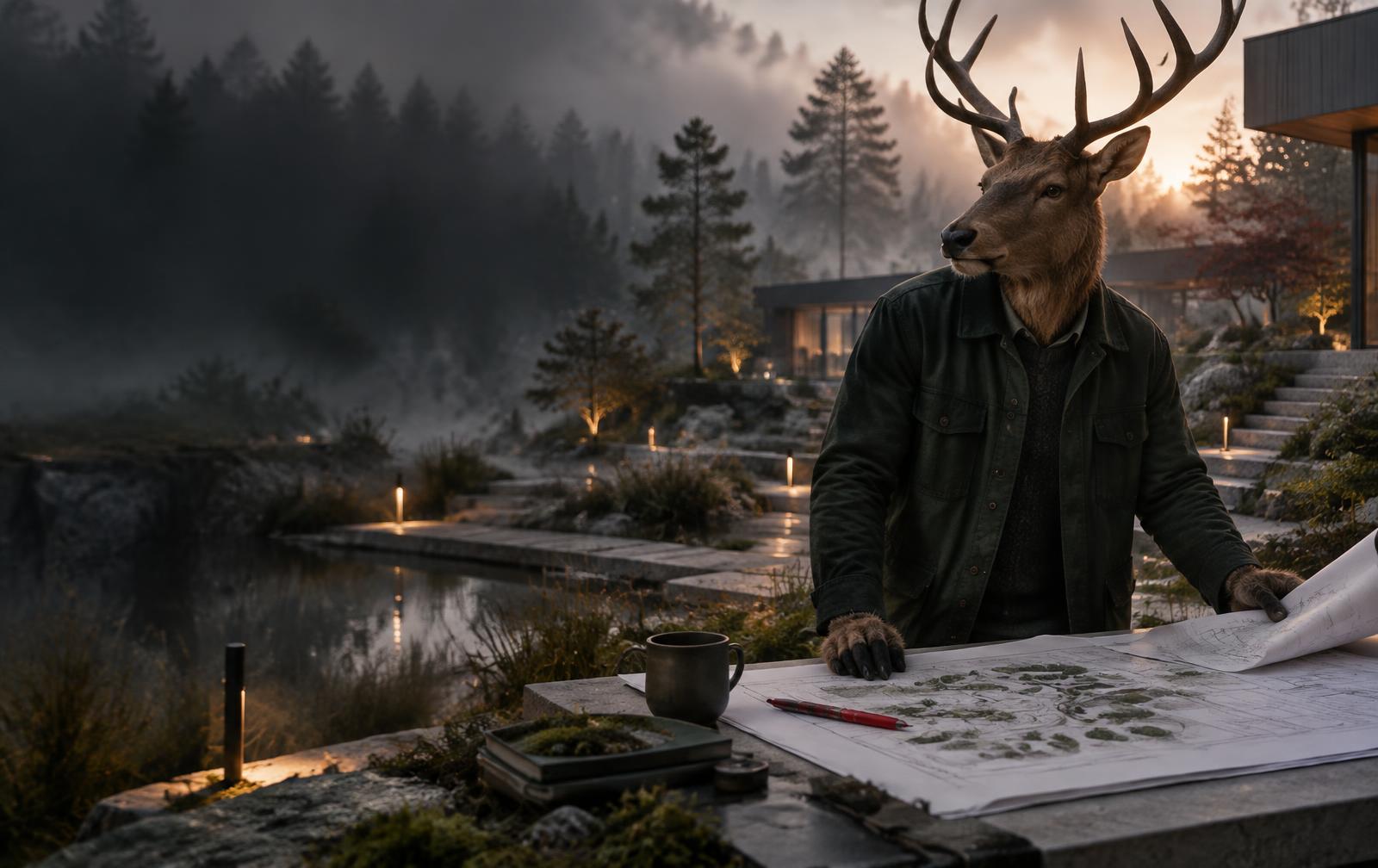 Grove the elk reviewing plans in a modern garden