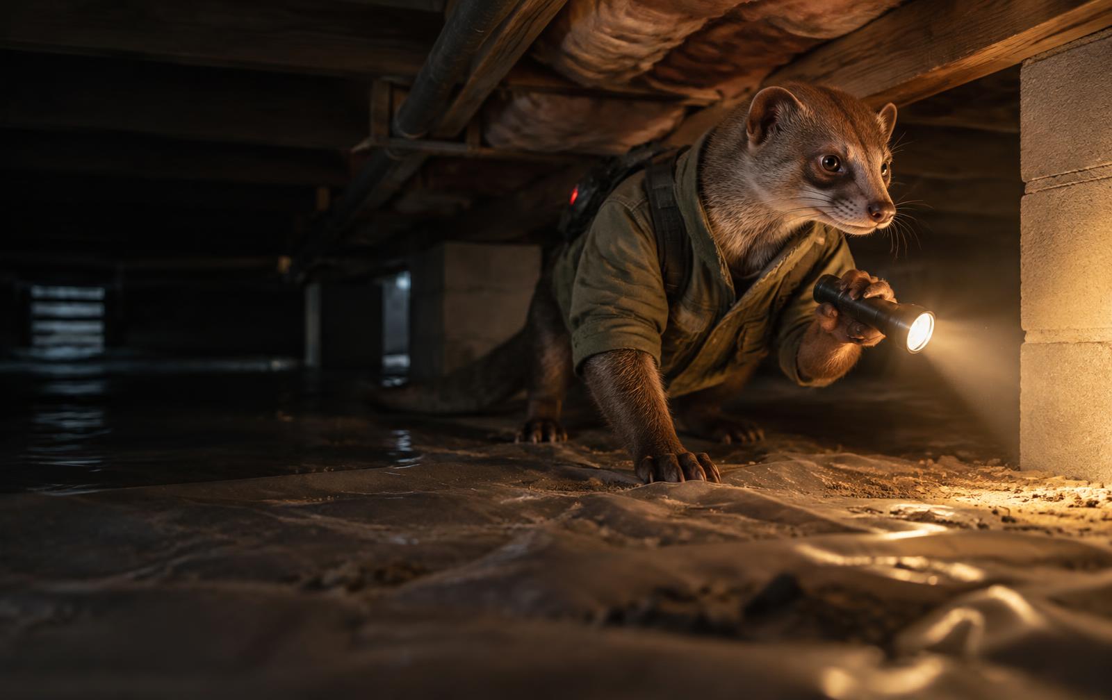 Scout the mongoose inspecting a residential crawlspace