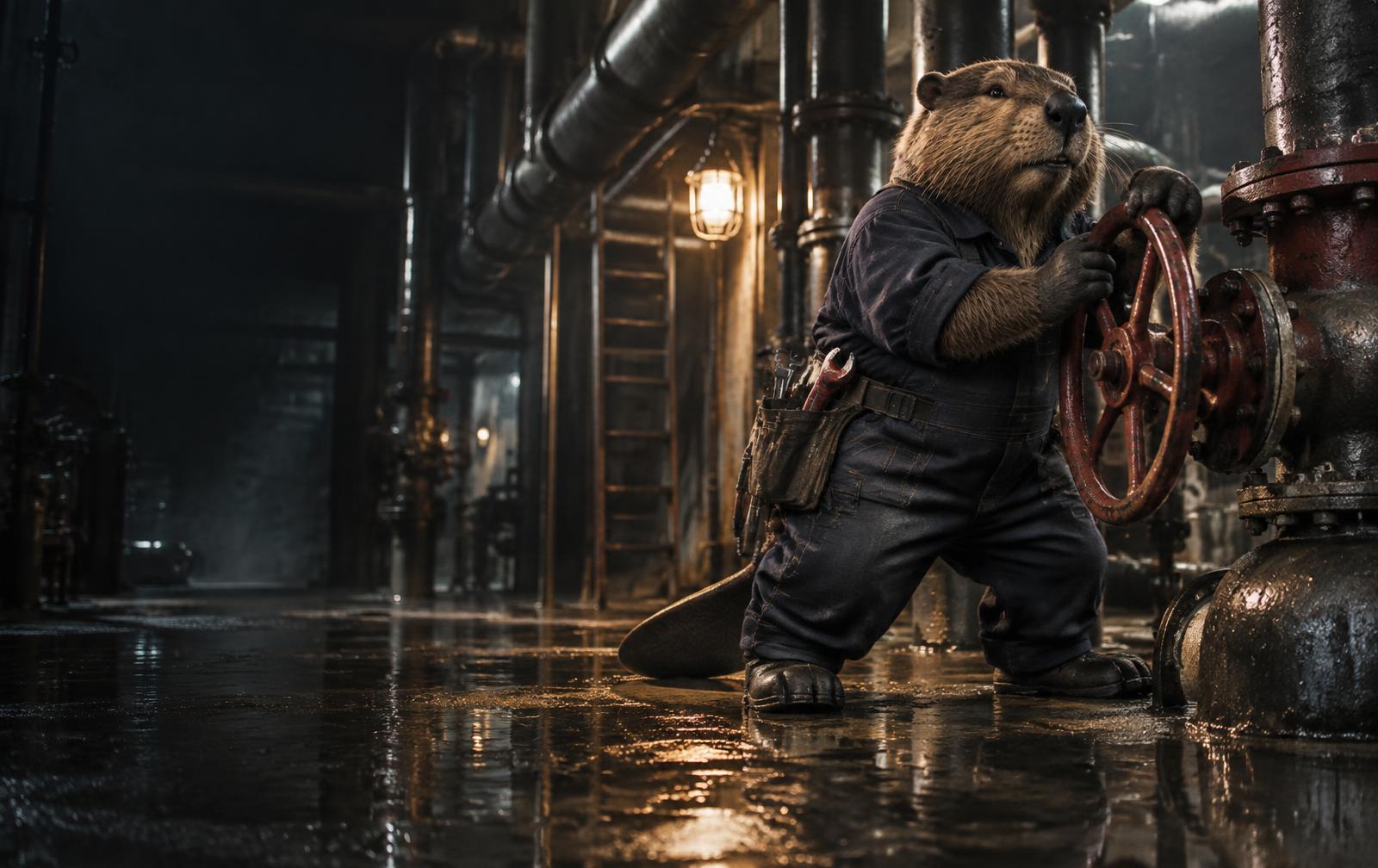 Valve the beaver operating a valve in an industrial pipe room