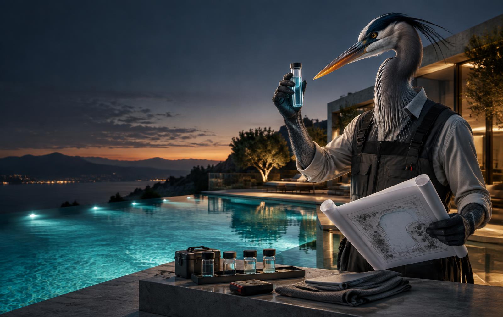 Tide the heron reviewing water samples beside a modern pool