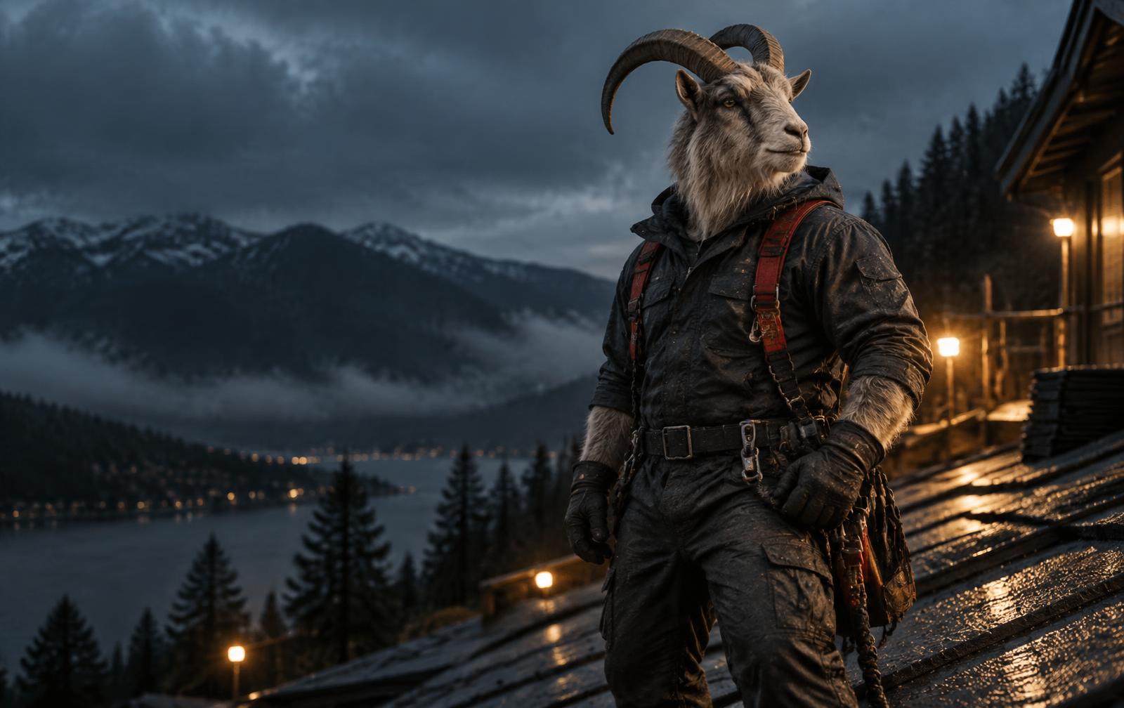 Ridge the mountain goat roofing foreman on a rain-wet roof