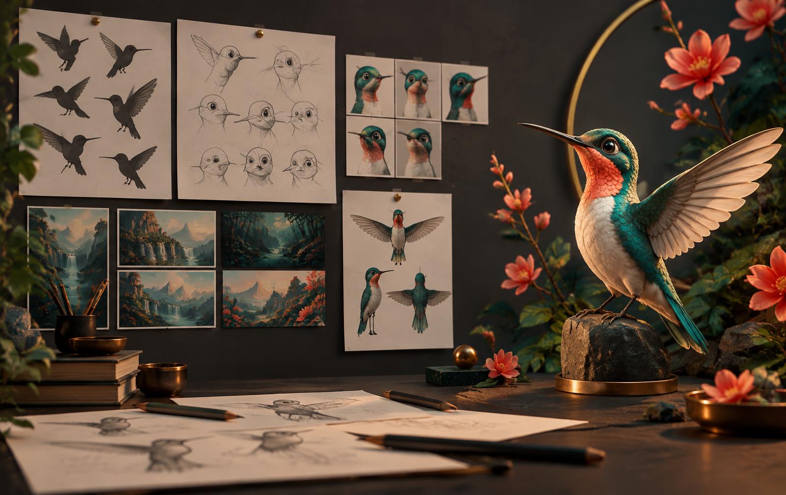 A hummingbird brand character developed from silhouette studies into a living story world