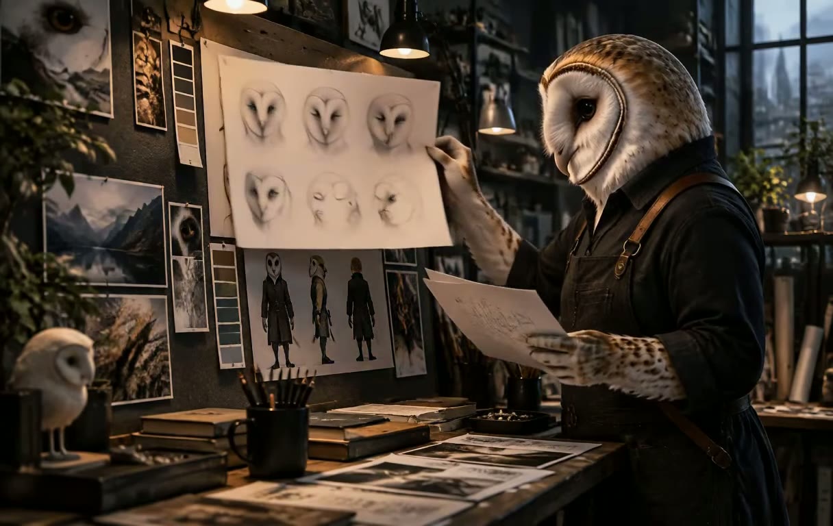 Atlas the owl defining a character from expression and wardrobe studies