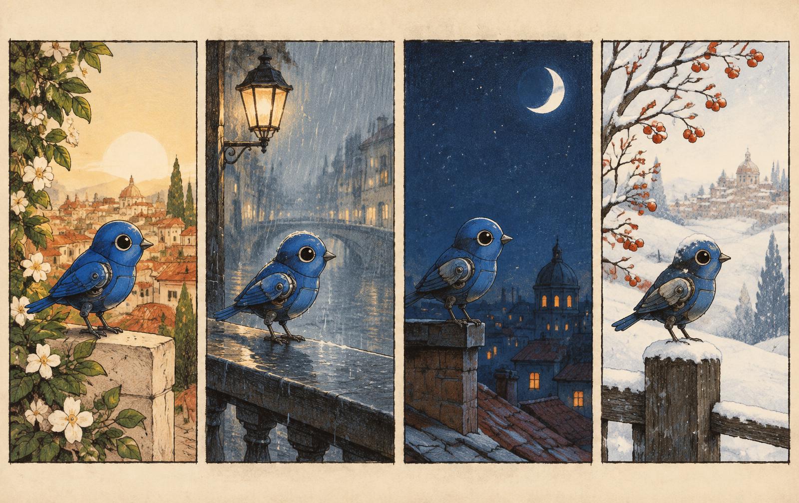 The same small blue mechanical bird continuing through four story worlds