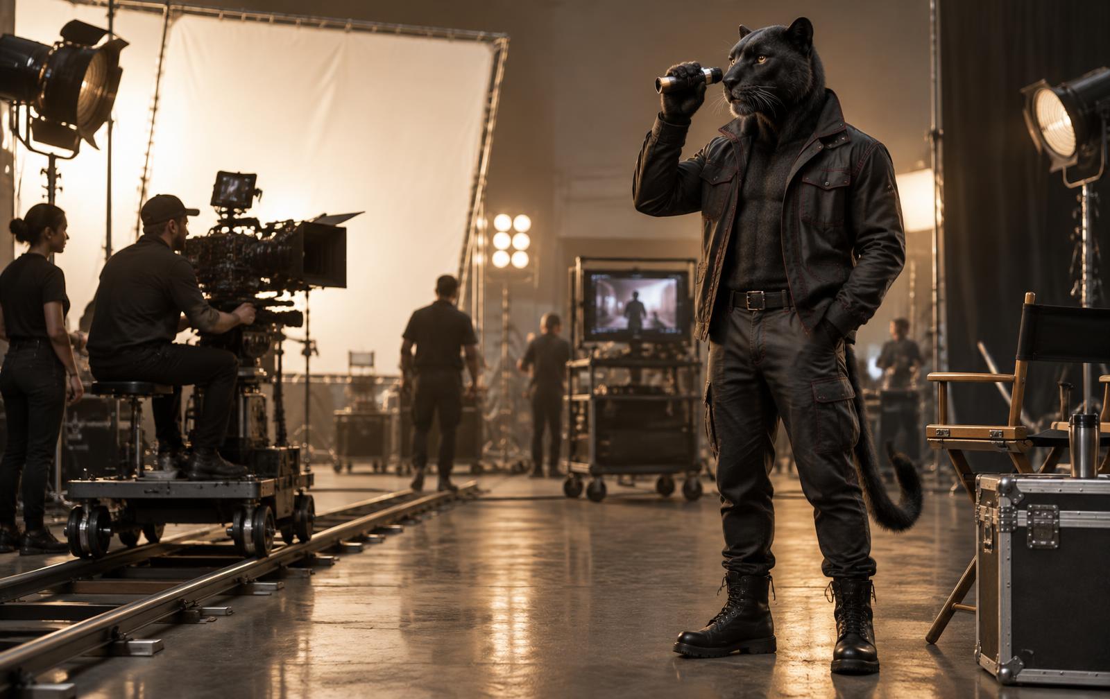 Onyx the panther directing a character production on a soundstage